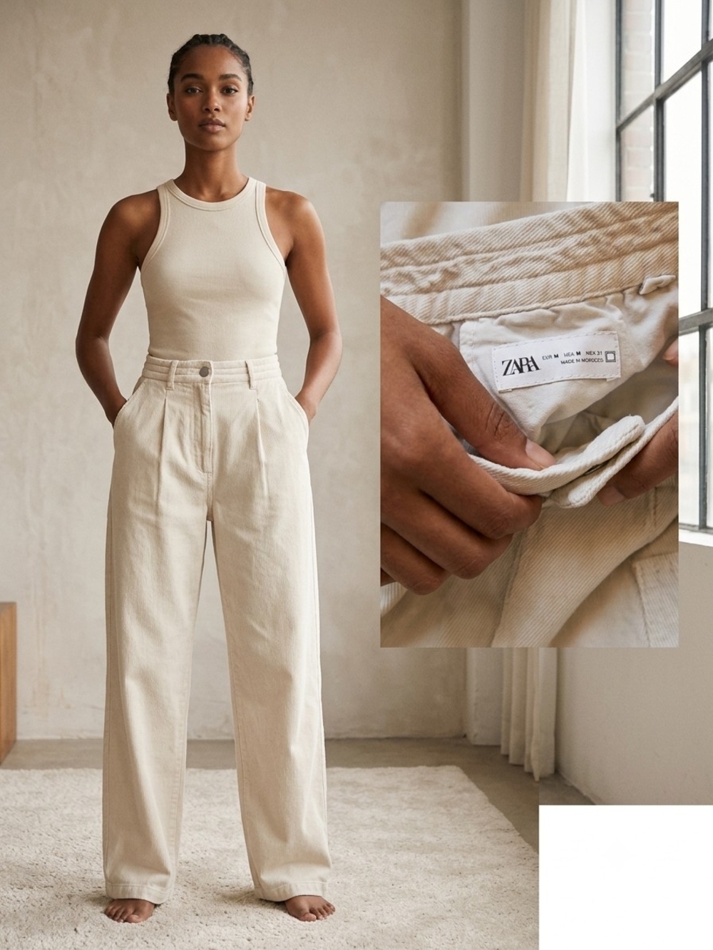 Zara Cream High-Waist Wide-Leg Pants